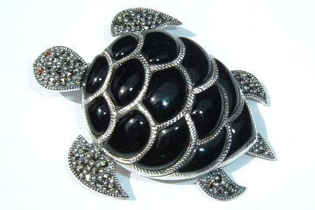 Black Turtle Onyx Brooch Silver Marcasite - The Hirst Collection