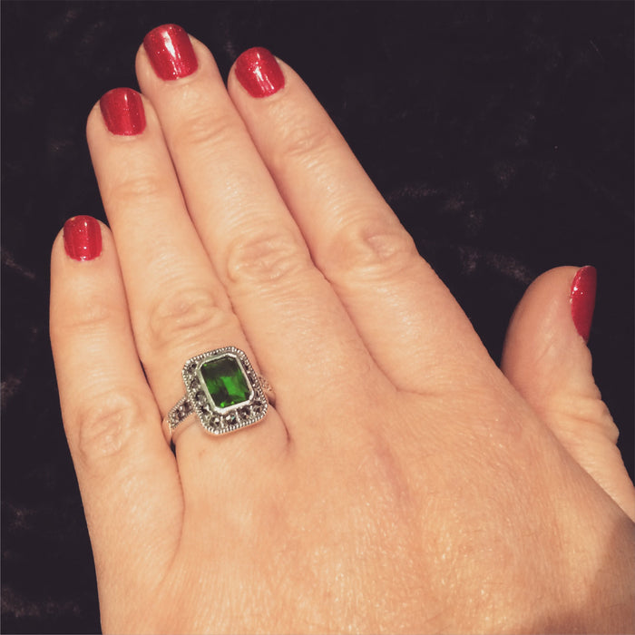 Emerald Green Princess Solitaire Marcasite Silver Ring - The Hirst Collection