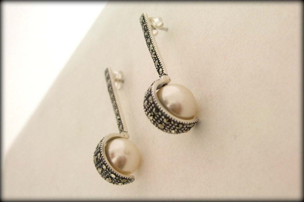 Art Deco style pearl ball  Silver Marcasite Earrings - The Hirst Collection