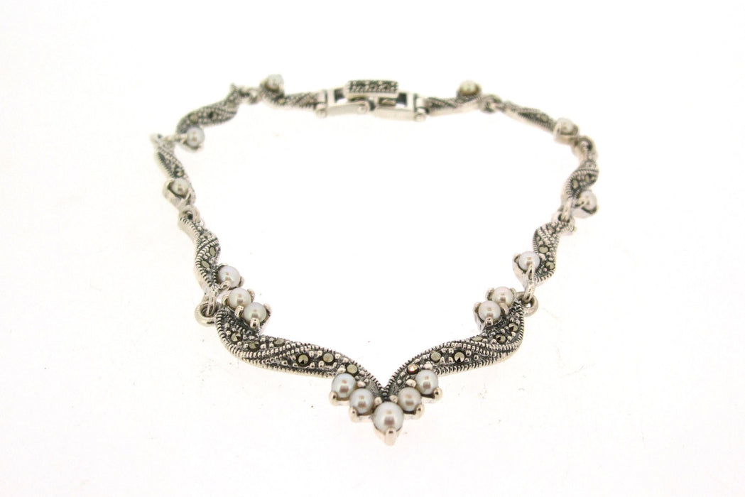 Pearl Bracelet Silver Marcasite Bridal Vintage Wedding - The Hirst Collection