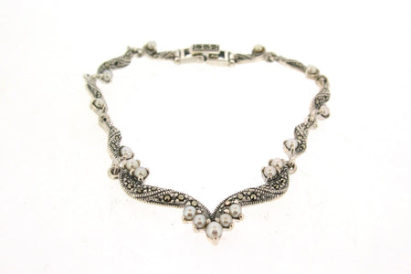 Pearl Bracelet Silver Marcasite Bridal Vintage Wedding - The Hirst Collection