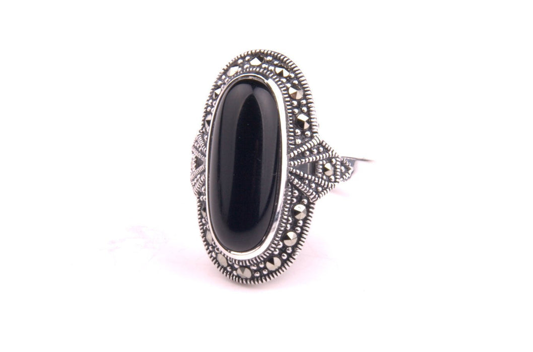 Art Deco Ring Silver Black Marcasite Oval - The Hirst Collection