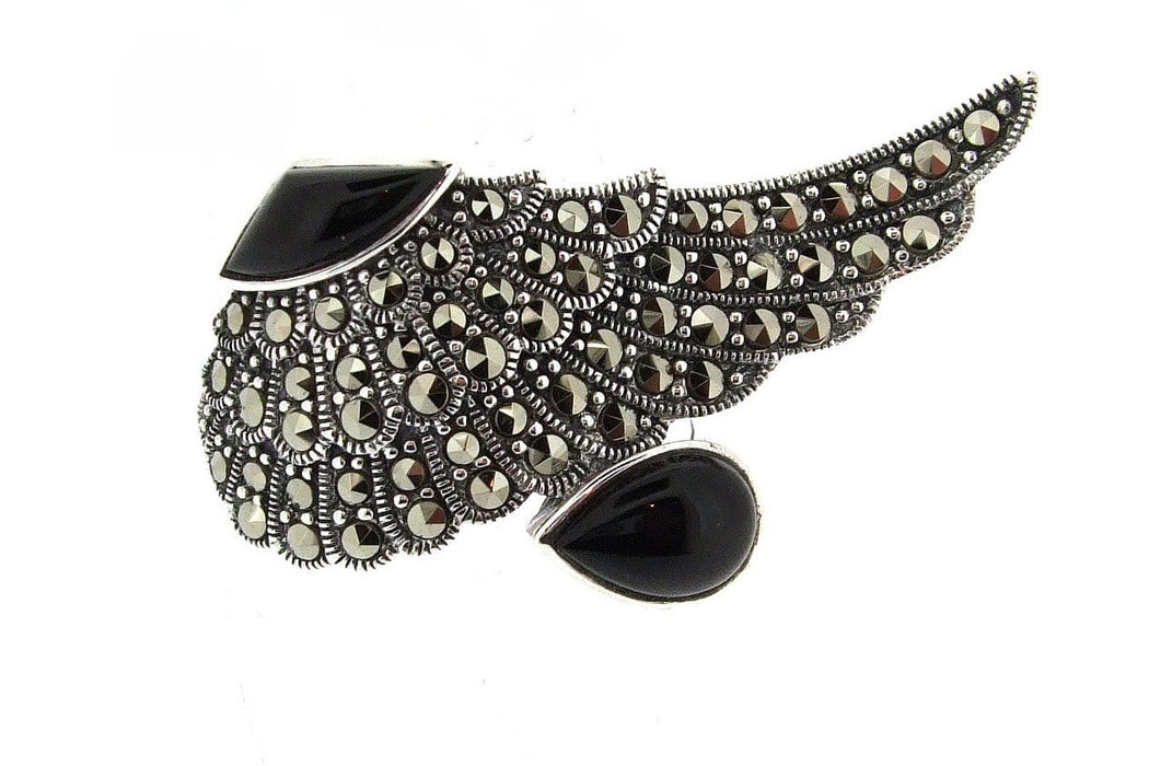 Art Deco Ring Silver Black Marcasite Angel Wing - The Hirst Collection