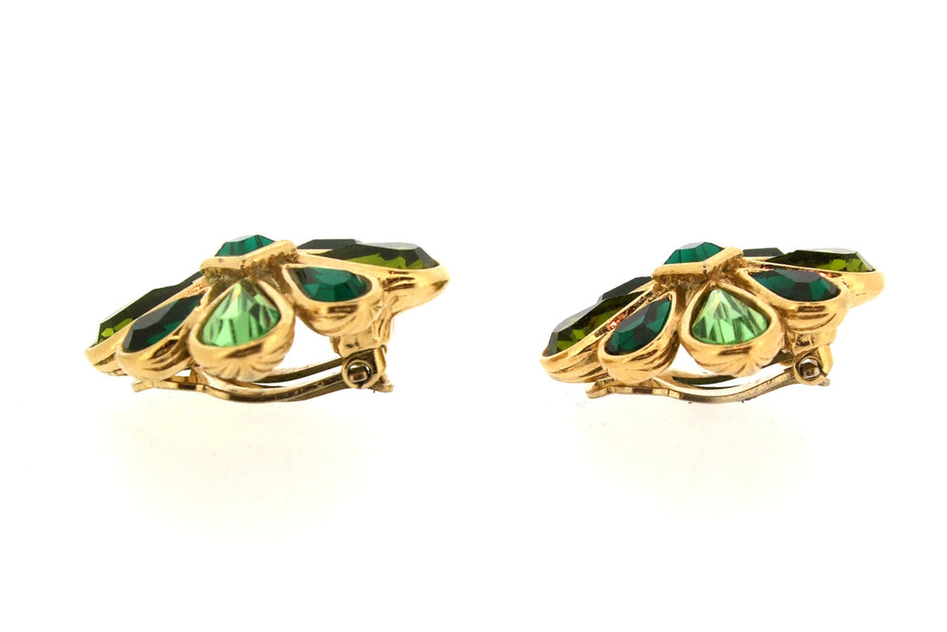 Vintage Yves Saint Laurent Earrings Gold and Green Crystal Clip Ons - The Hirst Collection