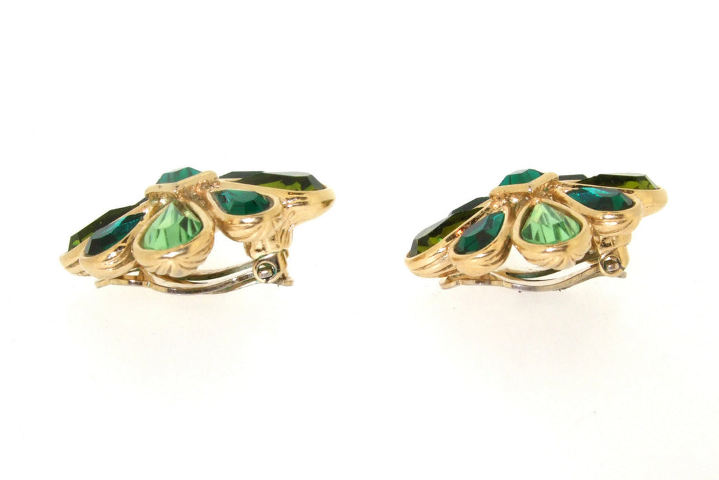 Vintage Yves Saint Laurent Earrings Gold and Green Crystal Clip Ons - The Hirst Collection