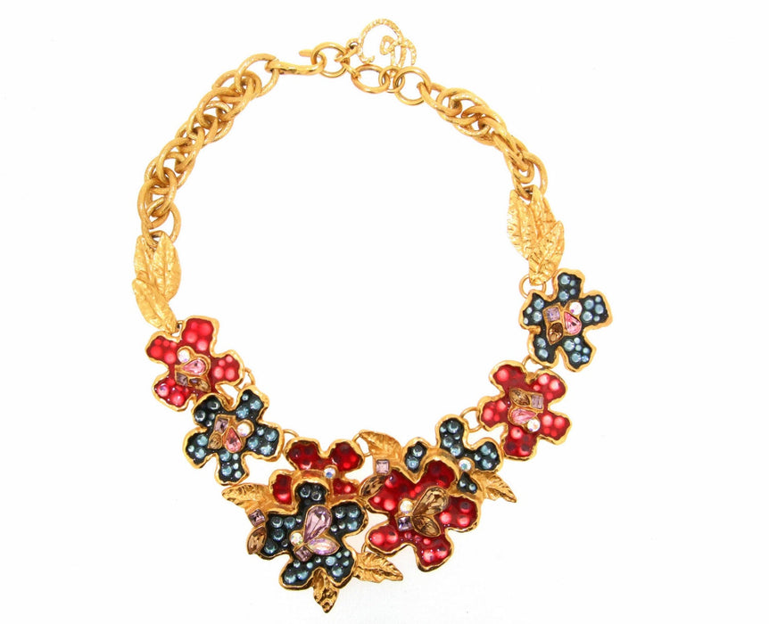 Vintage Christian Lacroix Statement Floral Necklace Enamel Crystal - The Hirst Collection