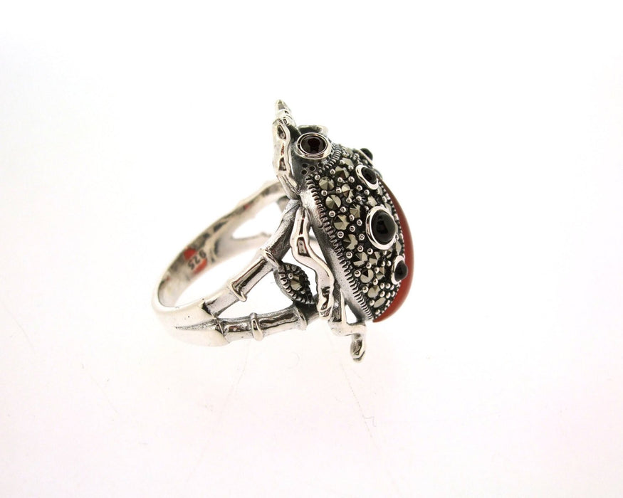 Ladybug Ring Silver Marcasite Coral Black Onyx Ladybird - The Hirst Collection