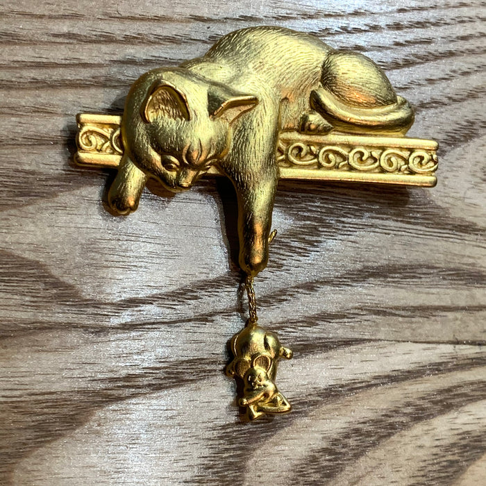 Cat and mouse brooch by JJ with dangly tail in gold tone - The Hirst Collection