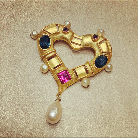 Christian Lacroix Large Gold Vintage Heart brooch with pearl drop - The Hirst Collection