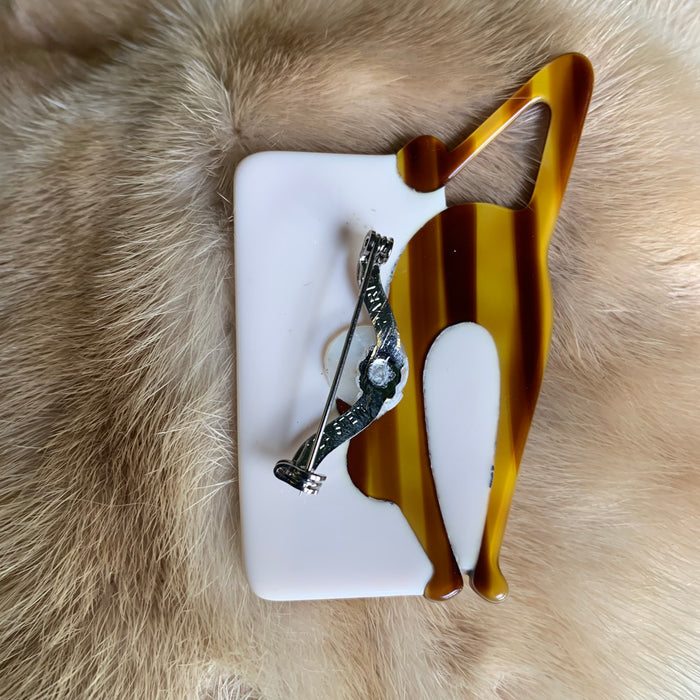 Lea Stein Cat and Ball brooch in tortoiseshell and cream
