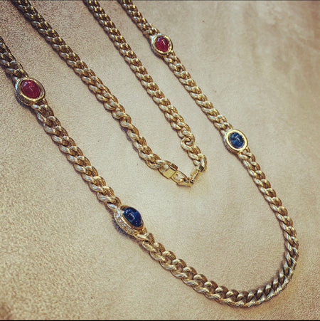 Grosse Long gold chain with emerald sapphire ruby glass - The Hirst Collection