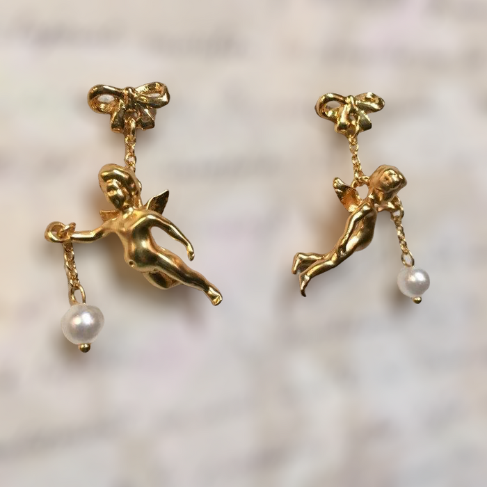 Flying cherub Pearl Earrings by Bill Skinner