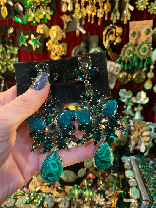 Malachite Emerald green statement earrings by Frangos