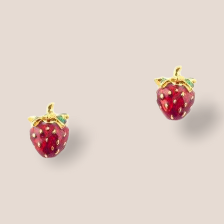 Strawberry Earrings by Bill Skinner Red Enamel Gold Fruits - The Hirst Collection