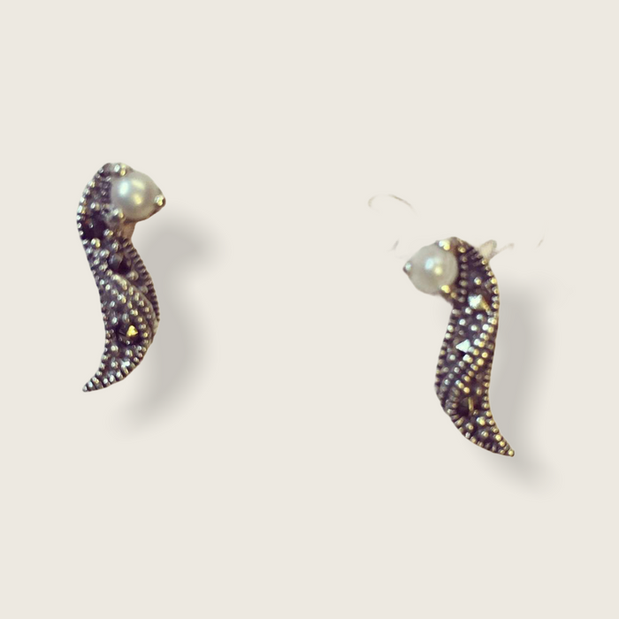 Pearl stud Wave Earrings Silver Marcasite Bridal - The Hirst Collection