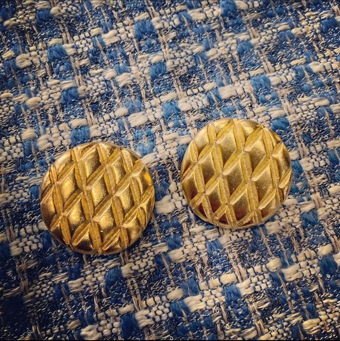 Vintage Golden Chequered Round Clip on Earrings
