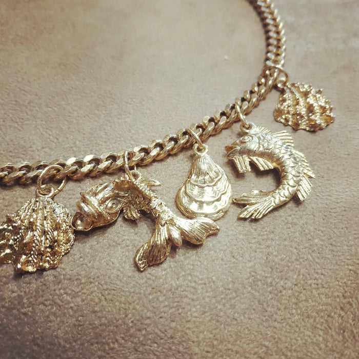 Vintage Ocean life fish gold charm necklace
