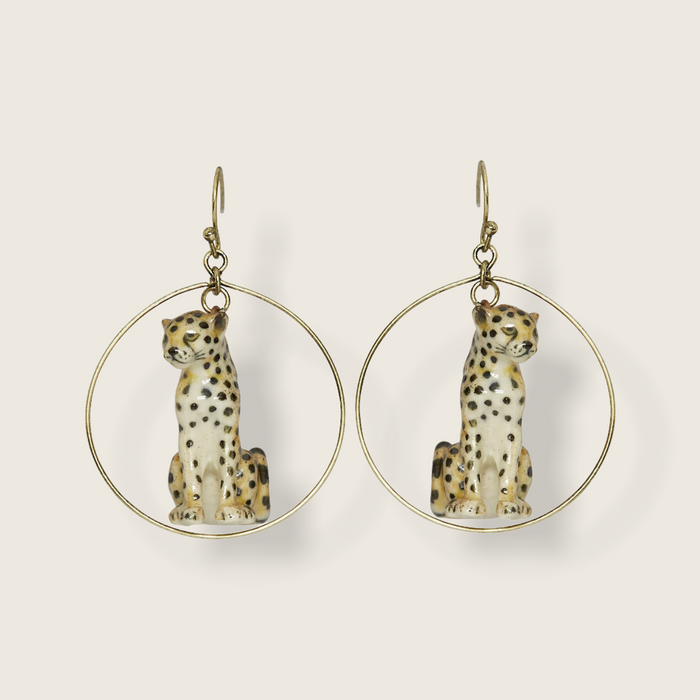 Sitting Cheetah porcelaine gold hoop earrings by And Mary - The Hirst Collection