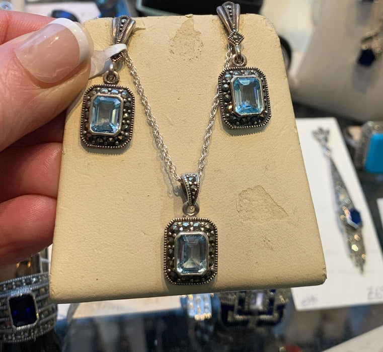 Silver Marcasite Blue Topaz Earrings Square Crystal