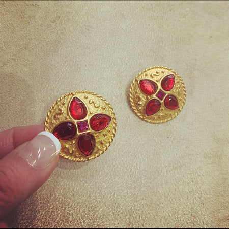 Red Round Earrings by Rima Ariss Clip On Gold - The Hirst Collection