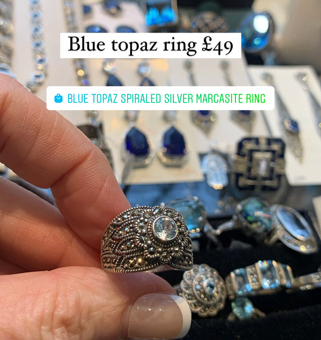 Blue Topaz Spiraled Silver Marcasite Ring