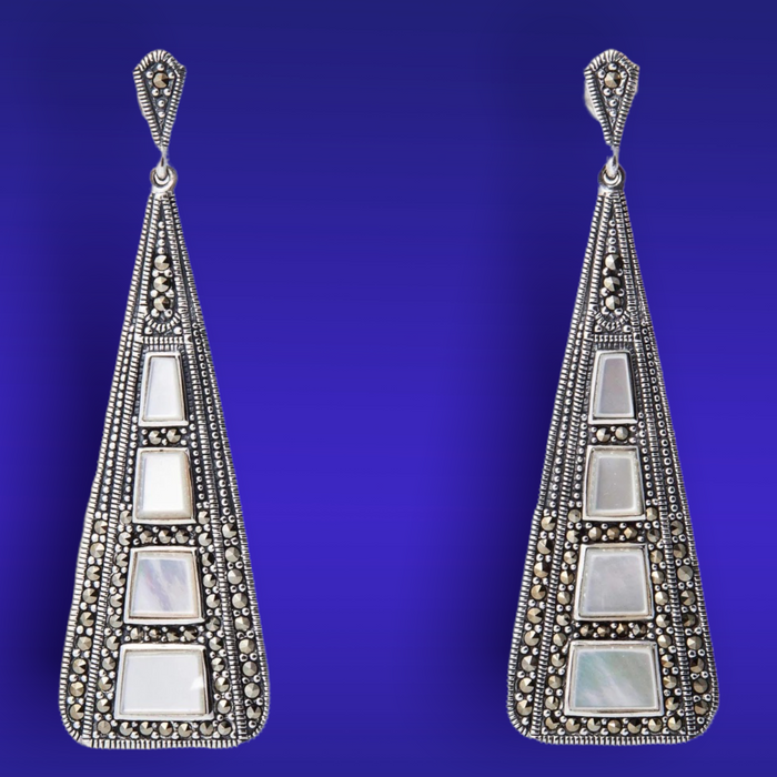 Art Deco Earrings Silver Marcasite Mother of Pearl