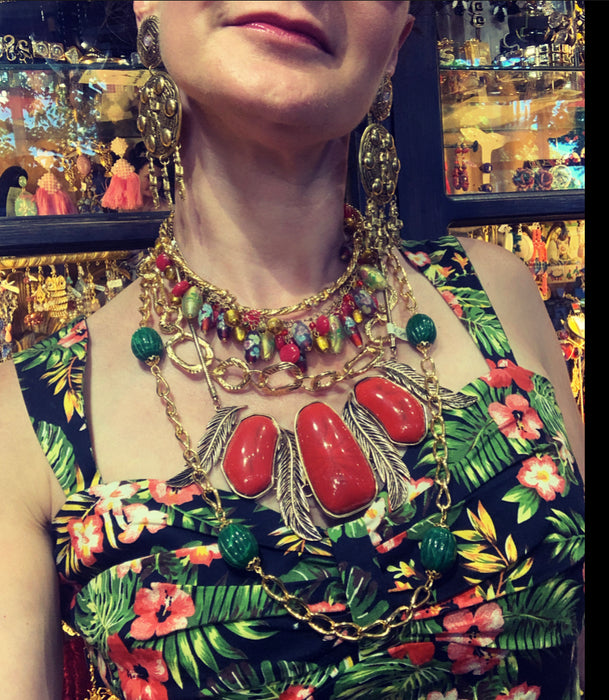 Red Feather Statement Necklace