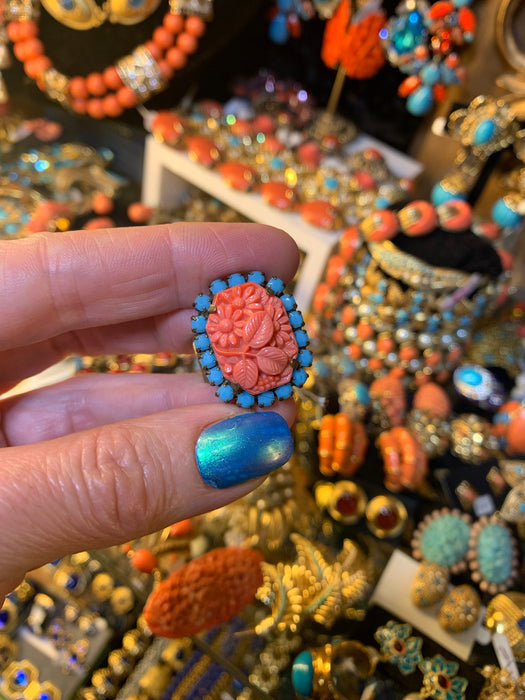 Coral and turquoise glass ring by Frangos