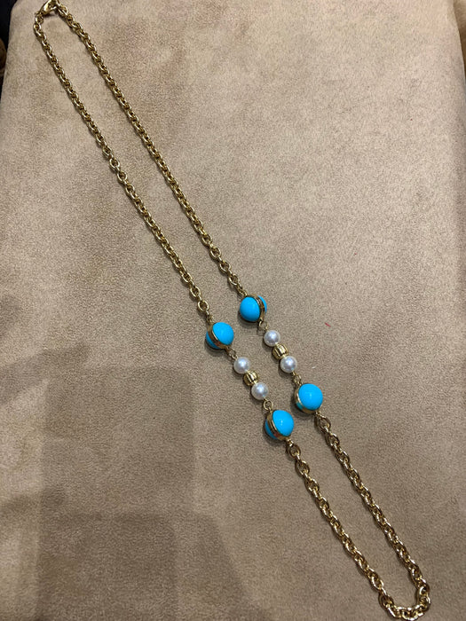 Dior Long gold sautoir chain with Glass Turquoise and Pearl - The Hirst Collection