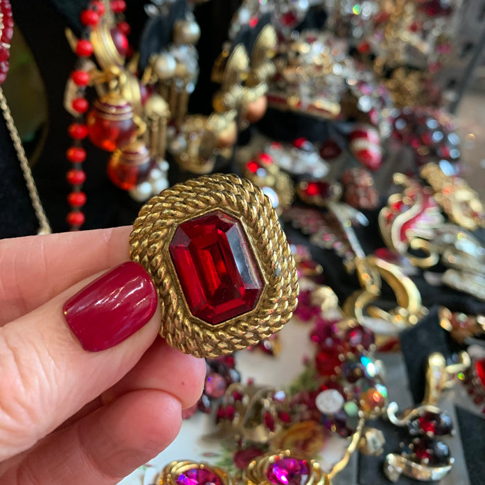 Red Square Earrings by Sphinx Clip On Gold