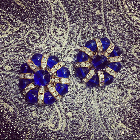 Cobalt Blue Beaded and Crystal Earrings Gold Plated Clip on - The Hirst Collection