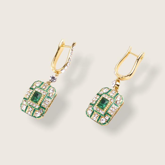 Art Deco emerald crystal gold drop earrings by Bill Skinner - The Hirst Collection