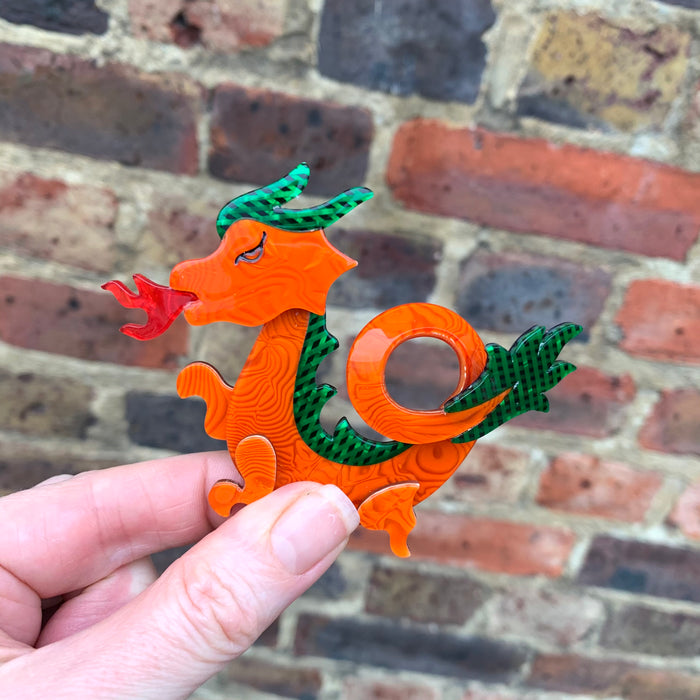Lea Stein Dragon Brooch in orange and green - The Hirst Collection