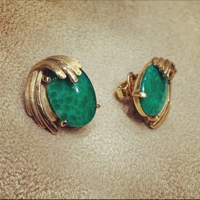 Trifari Vintage Jade glass clip on oval earrings - The Hirst Collection