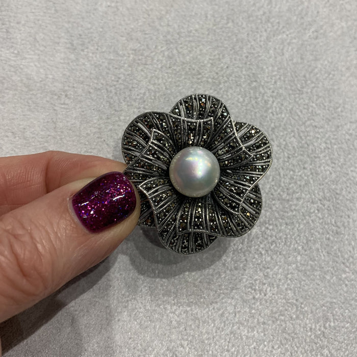 Pearl Flower Brooch Silver Marcasite Pendant Pin - The Hirst Collection