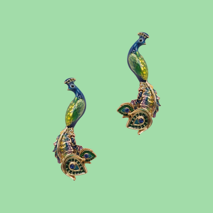Peacock earrings by Bill Skinner