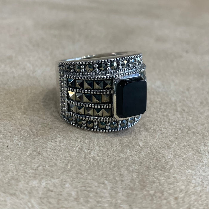 Black Onyx Art Deco sparkly squares Ring - The Hirst Collection