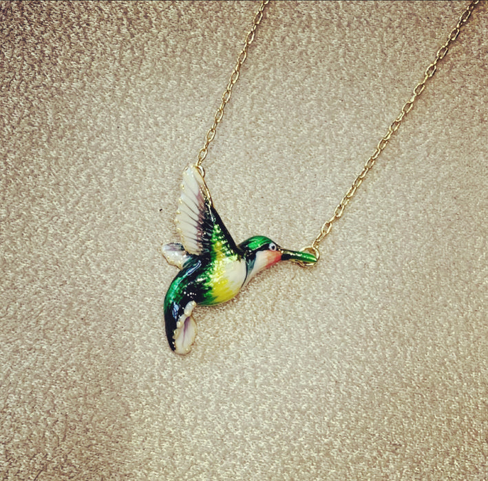 Hummingbird pendant necklace by Bill Skinner with blue green enamel - The Hirst Collection