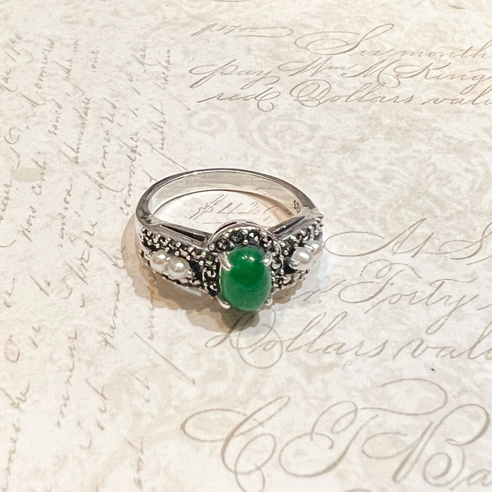 Jade Pearl Ring in Silver with Marcasite Stones