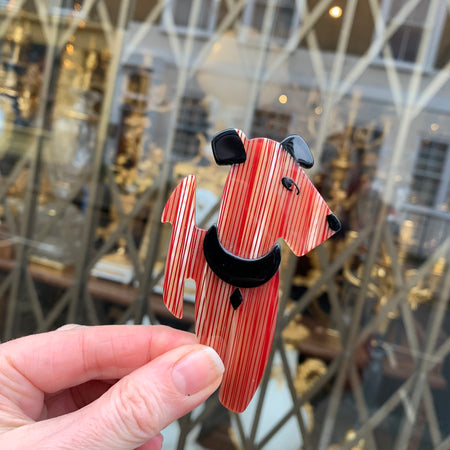 Lea Stein Ric the dog brooch in red and pearl stripe - The Hirst Collection
