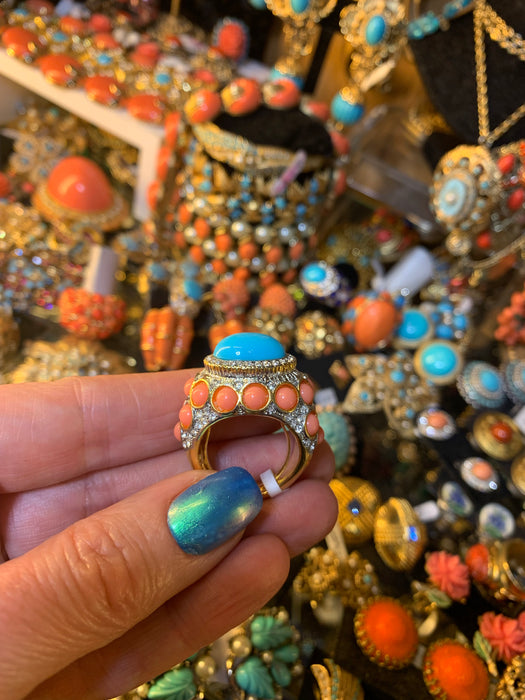 Kenneth Jay Lane Coral and Turquoise Statement ring
