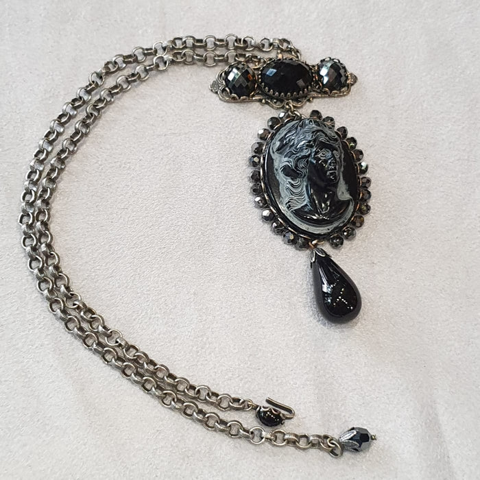 Askew London Black Glass Cameo pendant necklace  Silver Chain Signed - The Hirst Collection