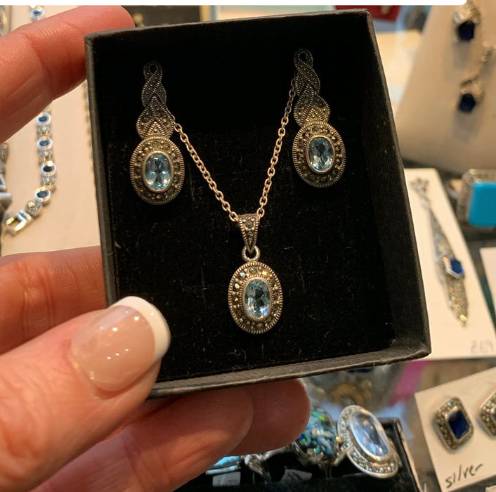 Blue Topaz Pendant Necklace Silver Marcasite on chain Cubic Zirconia