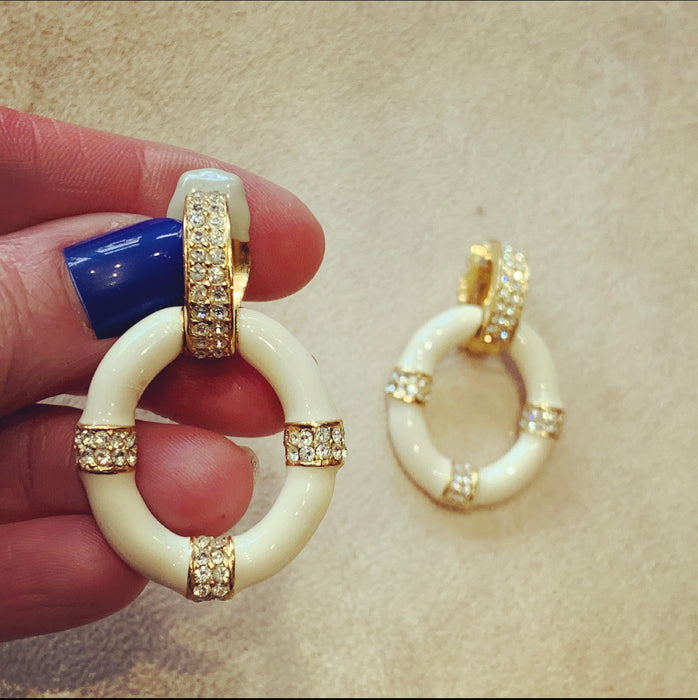 Ciner White enamel hoop clip on earrings - The Hirst Collection