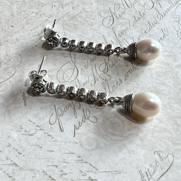 Art Deco Earrings Freshwater Pearl Vintage Bride Wedding Silver Marcasite