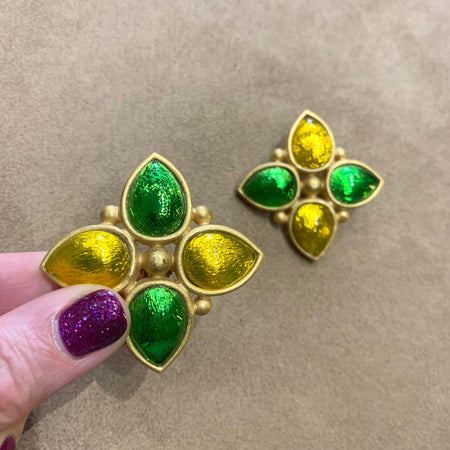 Rima Ariss London Green Yellow Foiled Glass Gold Plated Statement Clip On Earrings - The Hirst Collection