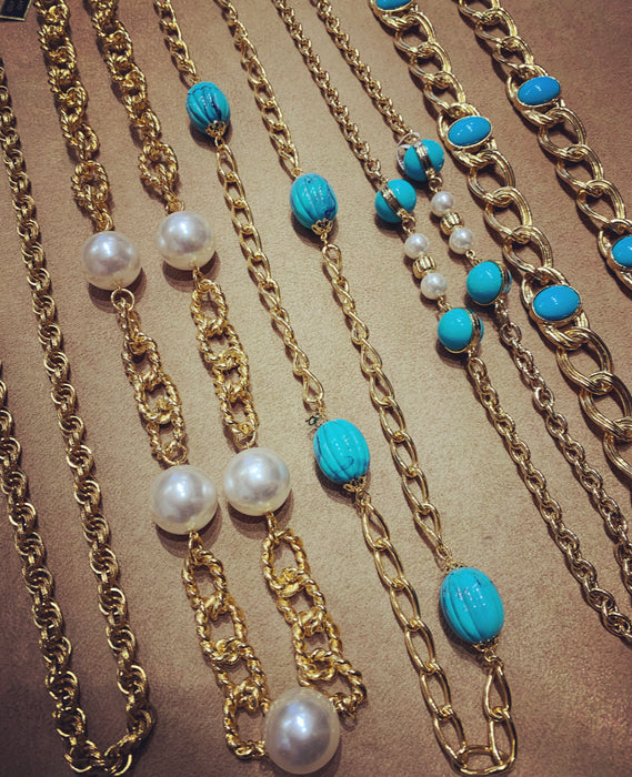 Dior Long gold sautoir chain with Glass Turquoise and Pearl