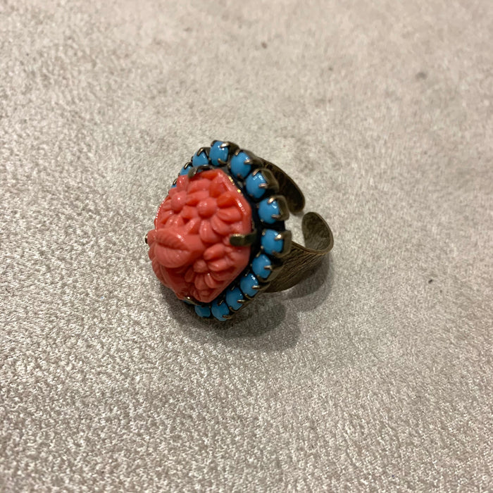 Coral and turquoise glass ring by Frangos - The Hirst Collection