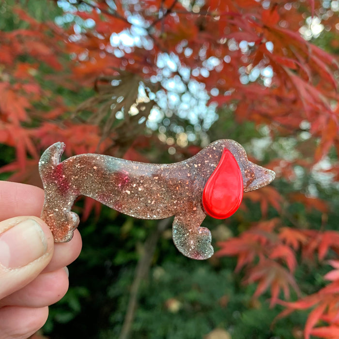 Lea Stein Choupette Colourful Red Glitter  Dachschund Brooch - The Hirst Collection
