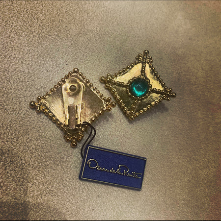 Green square clip on earrings by Oscar de la Renta - The Hirst Collection